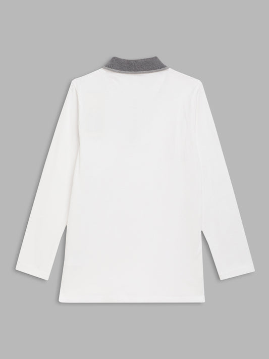 Blue Giraffe Boys White Solid Polo Collar Full Sleeves Tshirt