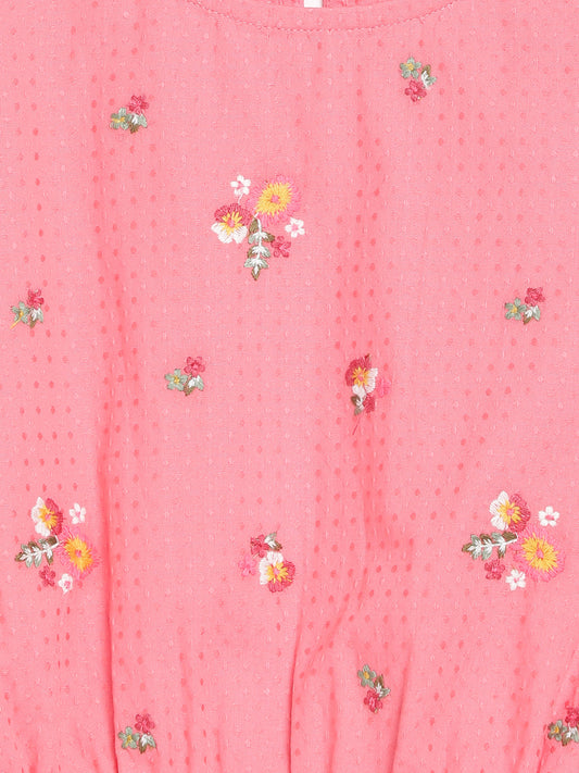 Blue Giraffe Girls Pink Embroidered Round Neck Dress