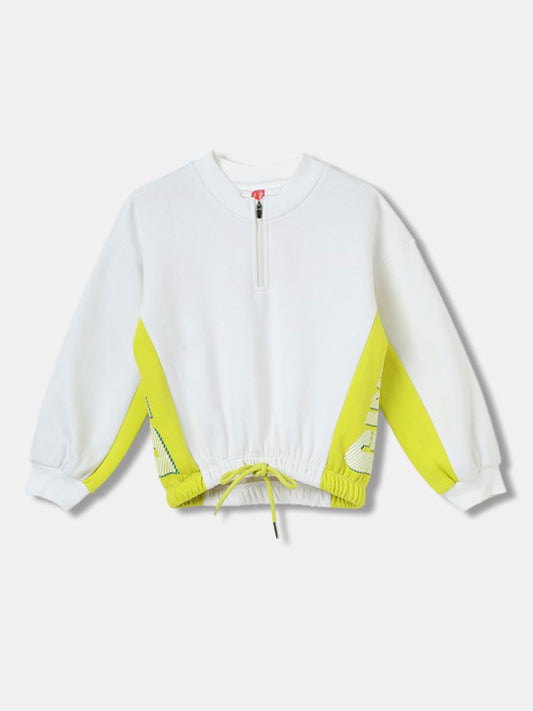 Blue Giraffe Girls White Color-Blocked Round Neck Full Sleeves Pullover Style Sweatshirt