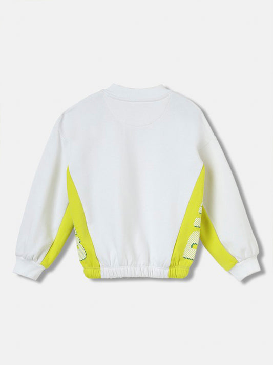 Blue Giraffe Girls White Color-Blocked Round Neck Full Sleeves Pullover Style Sweatshirt