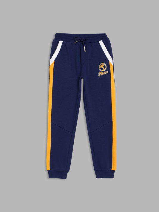 Blue Giraffe Boys Navy Blue Colorblocked Regular Fit Mid-Rise Jogger Style Track Pants