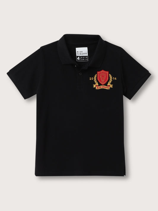 Blue Giraffe Boys Black Solid Polo Collar Short Sleeves Tshirt