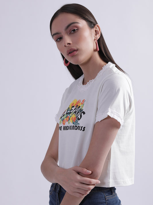 Elle Women White Printed Round Neck Short Sleeves Tshirt