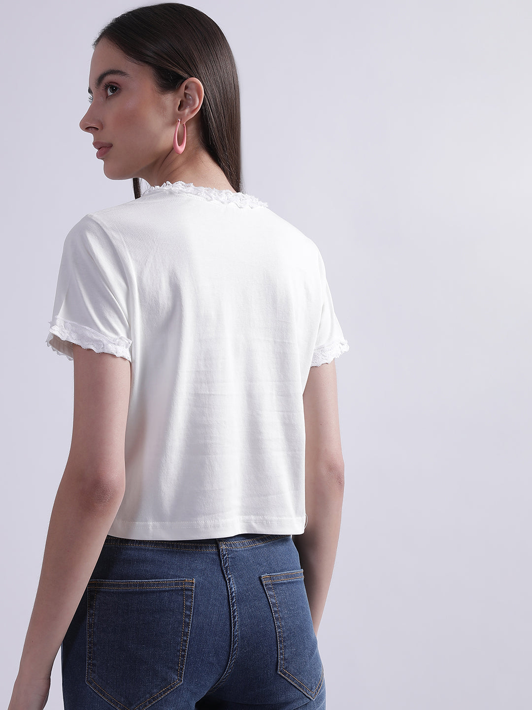 Elle Women White Printed Round Neck Short Sleeves Tshirt