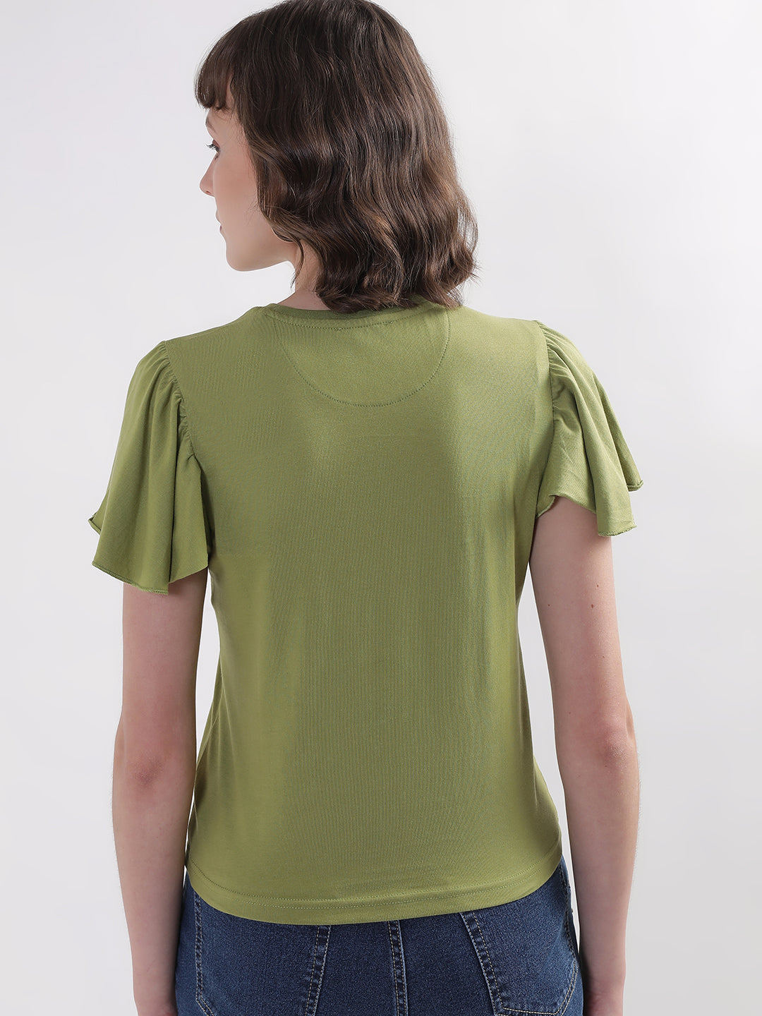 Elle Women Green Solid Round Neck Short Sleeves Tshirt