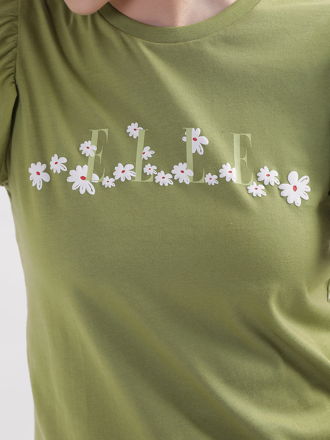 Elle Women Green Solid Round Neck Short Sleeves Tshirt