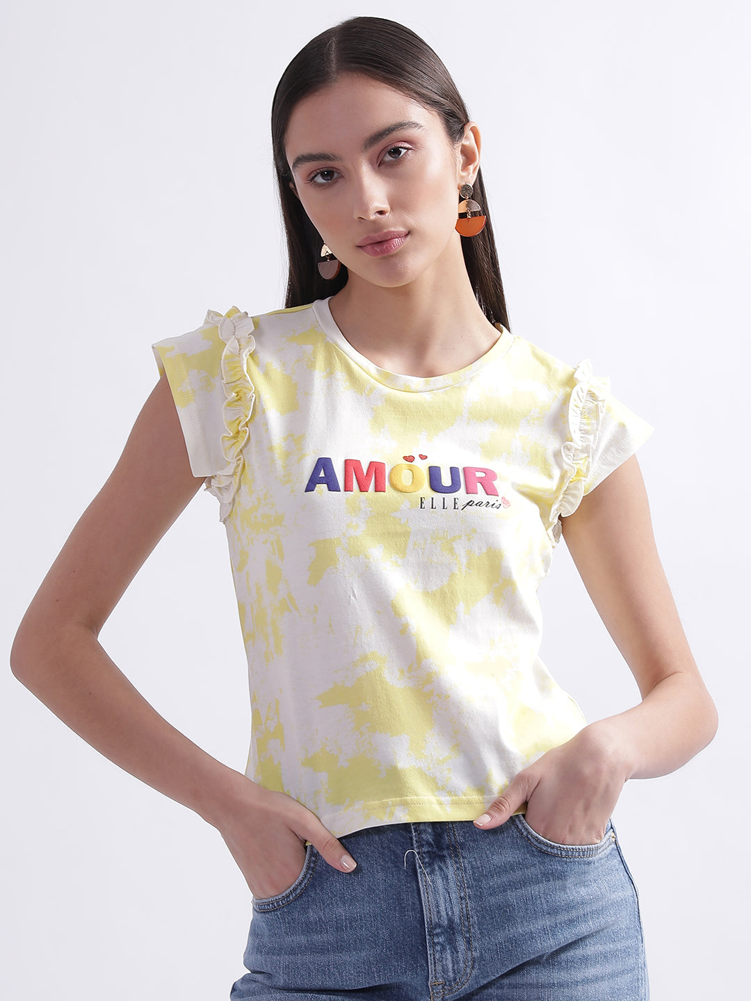 Elle Women Yellow Tie-Dye Round Neck Short Sleeves Tshirt