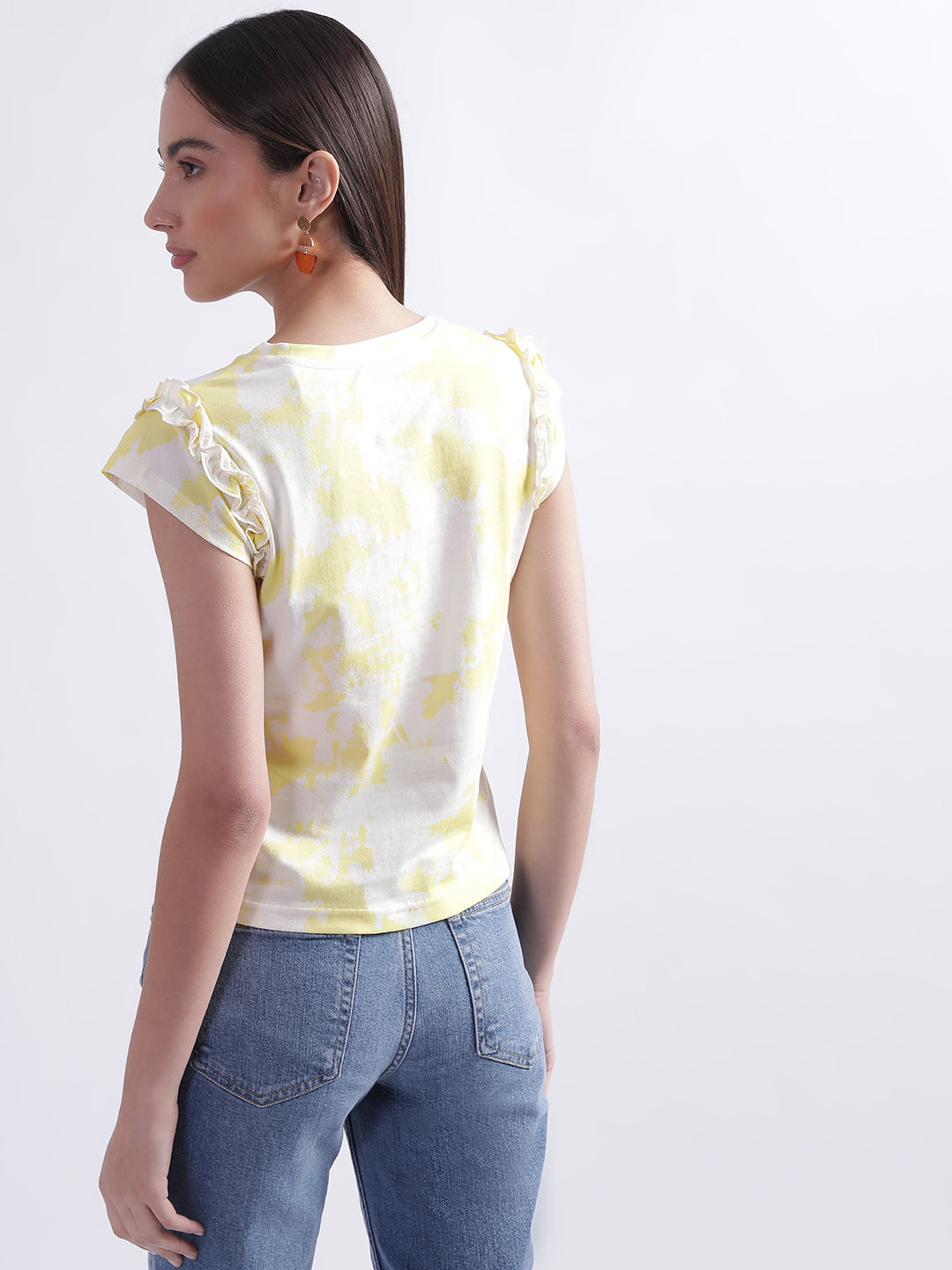 Elle Women Yellow Tie-Dye Round Neck Short Sleeves Tshirt