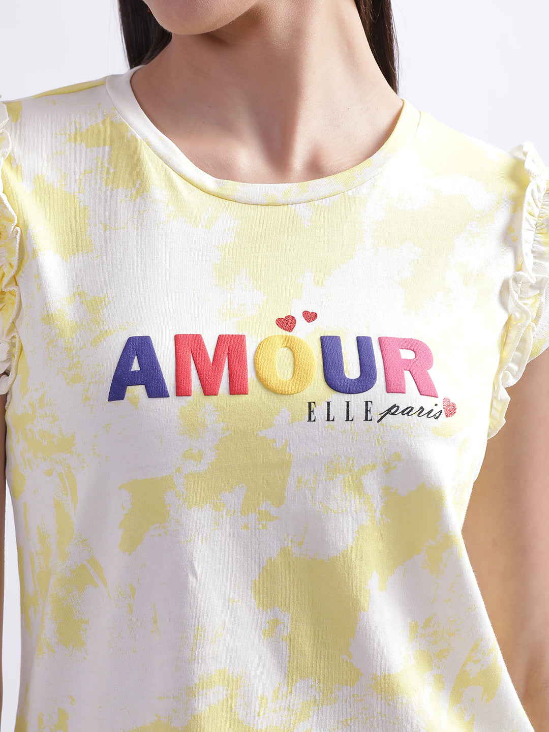 Elle Women Yellow Tie-Dye Round Neck Short Sleeves Tshirt