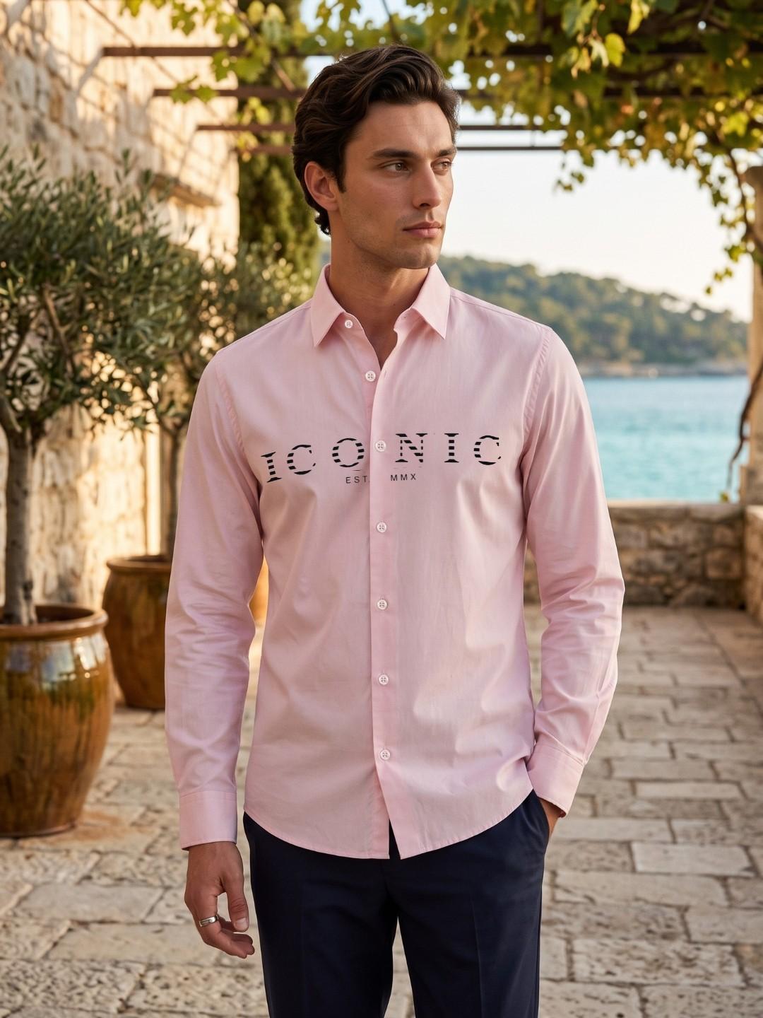 Iconic Men Pink Graphic Slim Fit Cotton Shirt