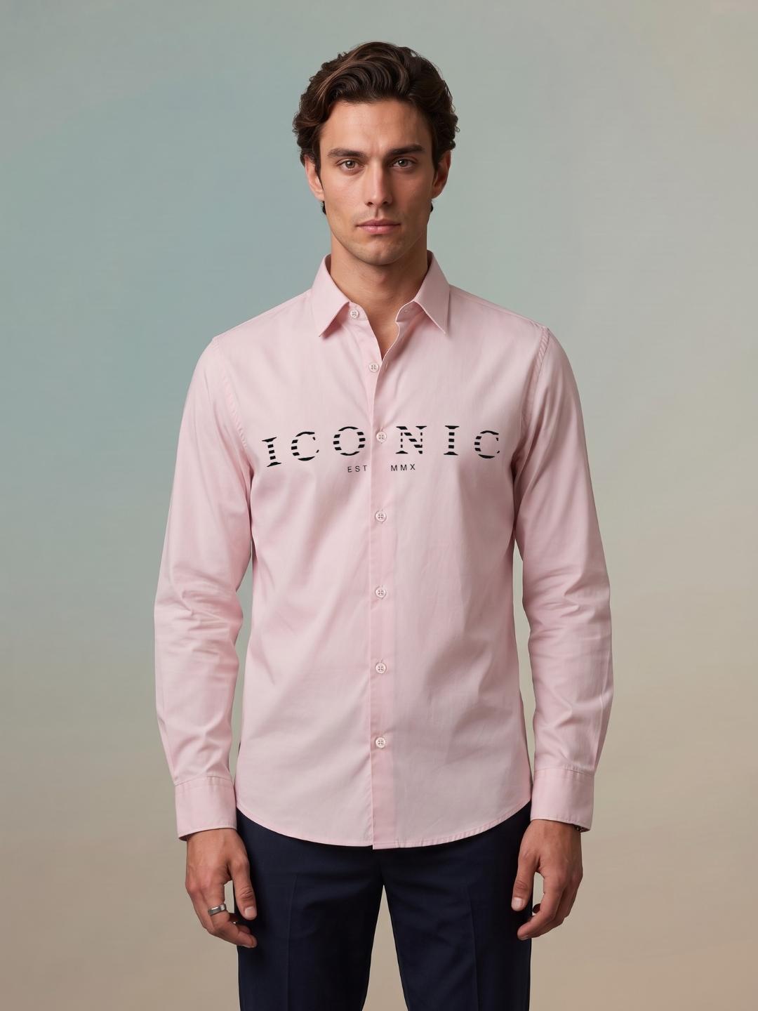 Iconic Men Pink Graphic Slim Fit Cotton Shirt