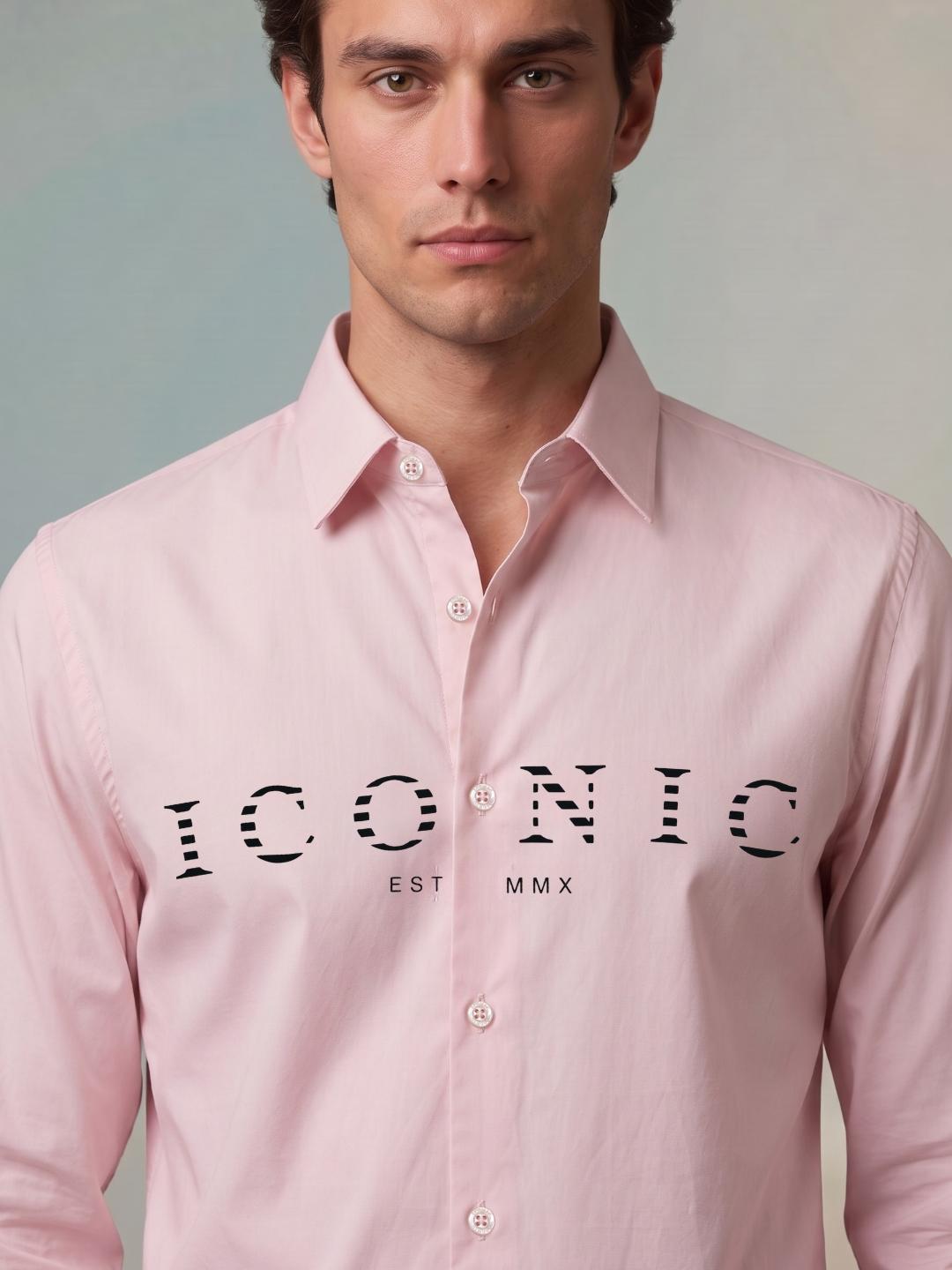Iconic Men Pink Graphic Slim Fit Cotton Shirt
