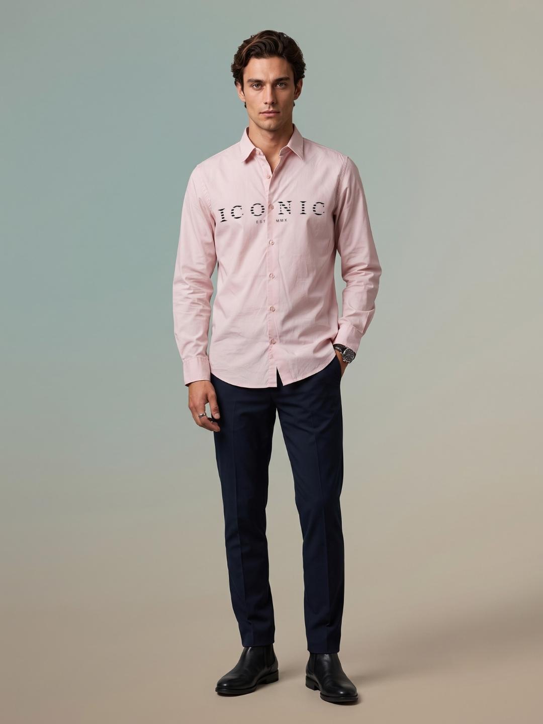 Iconic Men Pink Graphic Slim Fit Cotton Shirt