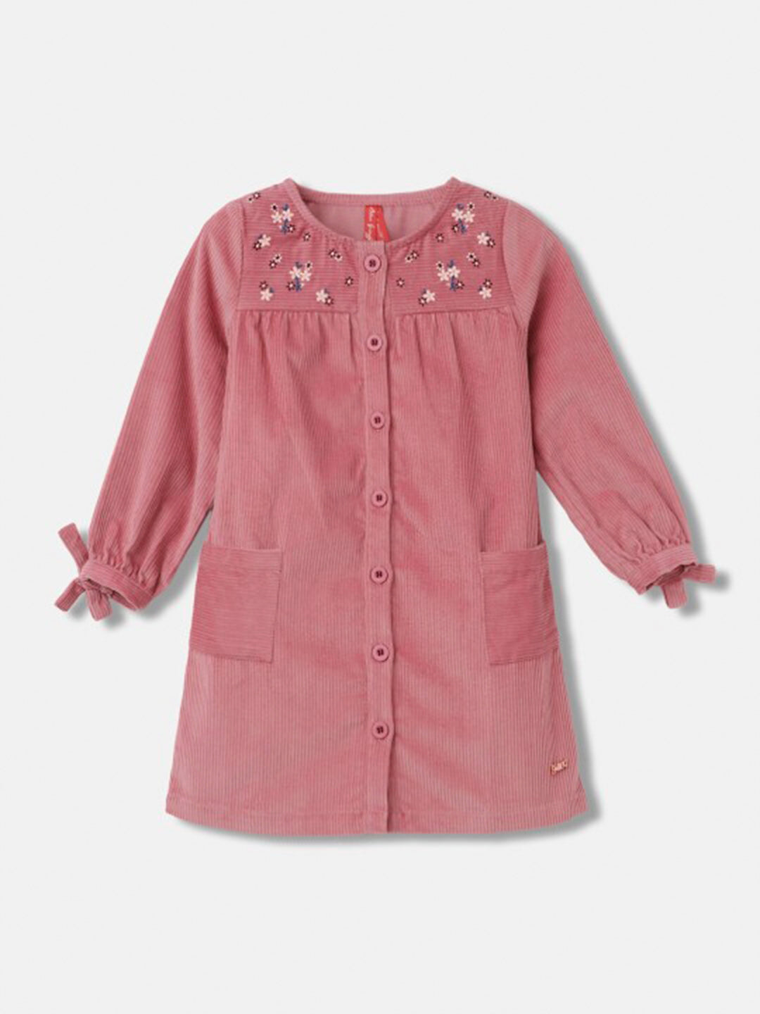 Blue Giraffe Girls Pink Solid Round Neck Full Sleeves Shift Dress