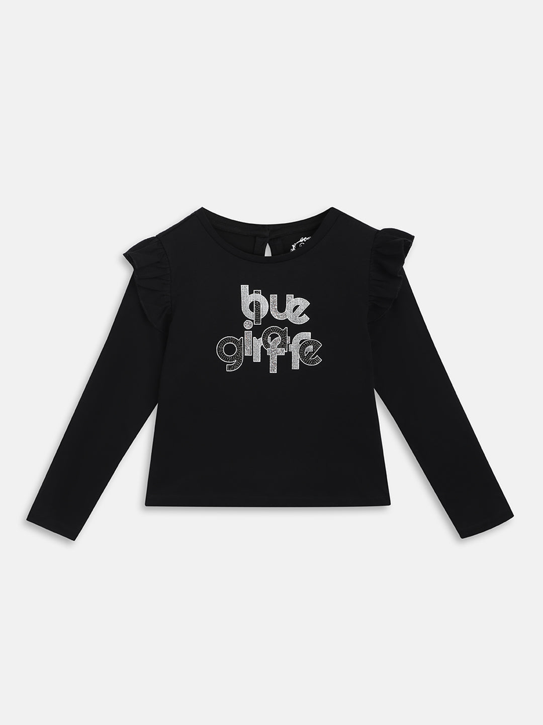 Blue Giraffe Girls Black Printed Round Neck Full Sleeves Tshirt