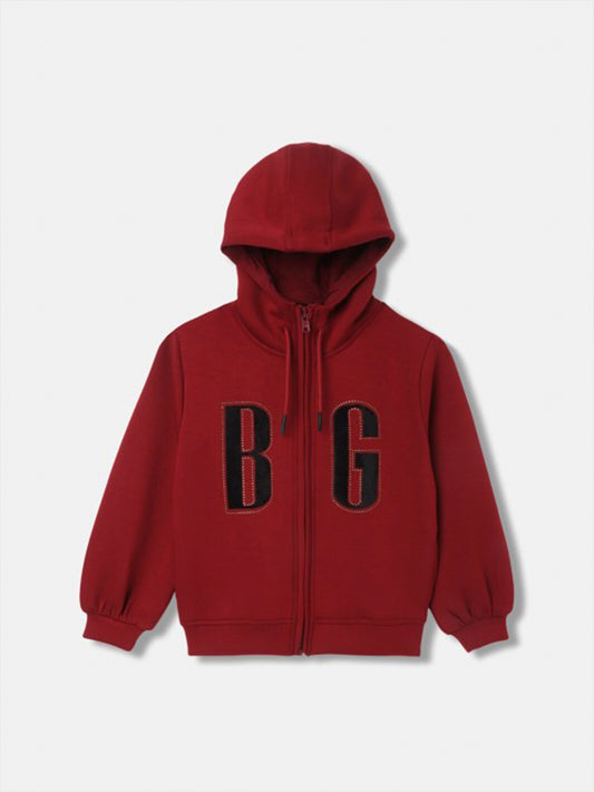 Blue Giraffe Girls Red Solid Hooded Full Sleeves Zip Through Hoodie