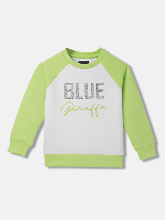 Blue Giraffe Girls White Color-Blocked Round Neck Full Sleeves Pullover Style Sweatshirt