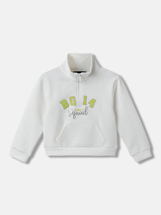 Blue Giraffe Girls White Printed High Neck Full Sleeves Pullover Style Sweatshirt