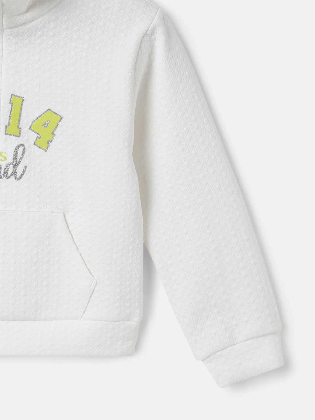 Blue Giraffe Girls White Printed High Neck Full Sleeves Pullover Style Sweatshirt