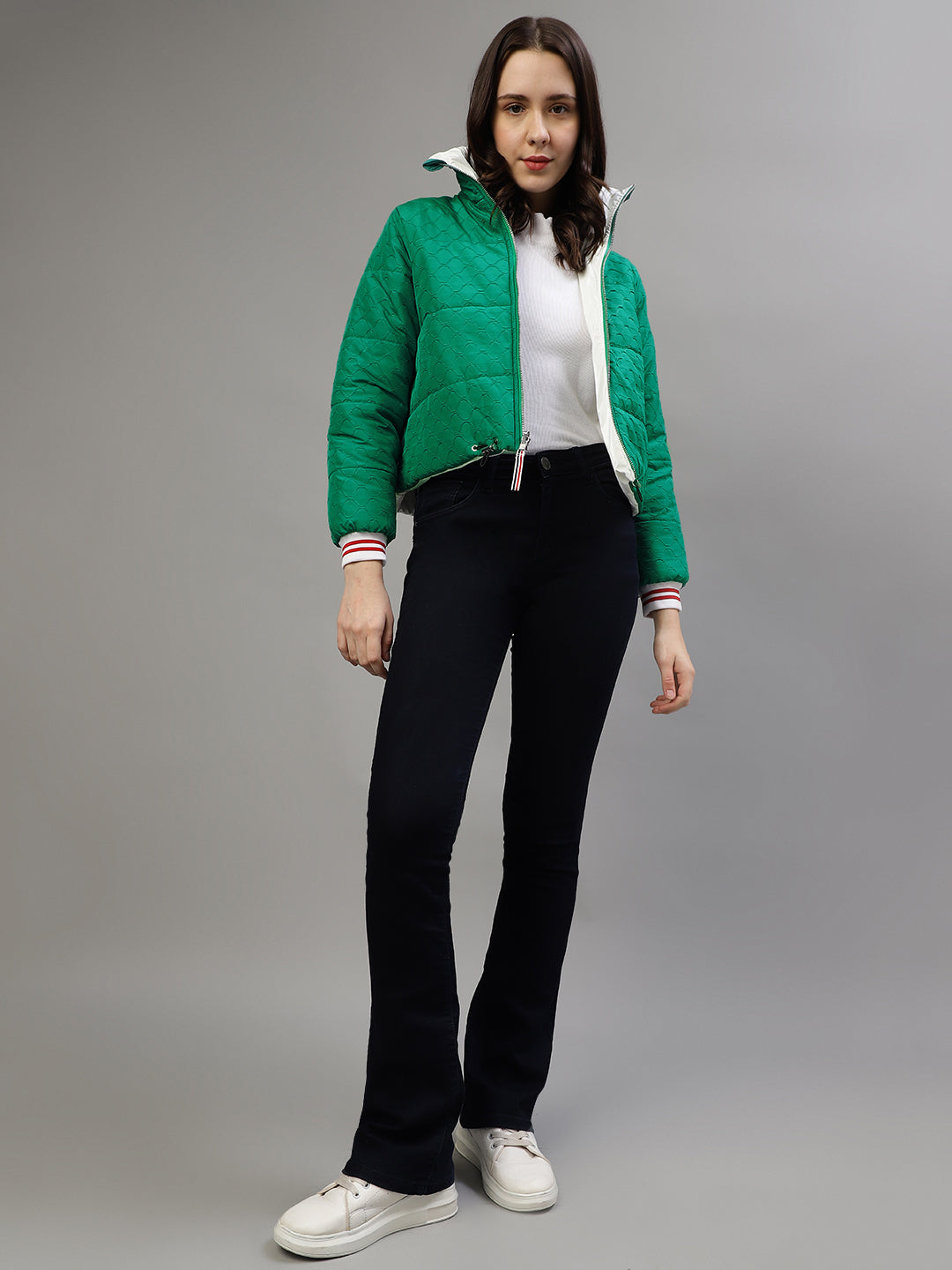 Elle Women Green Self-Design Stand Collar Full Sleeves Reversible Jacket
