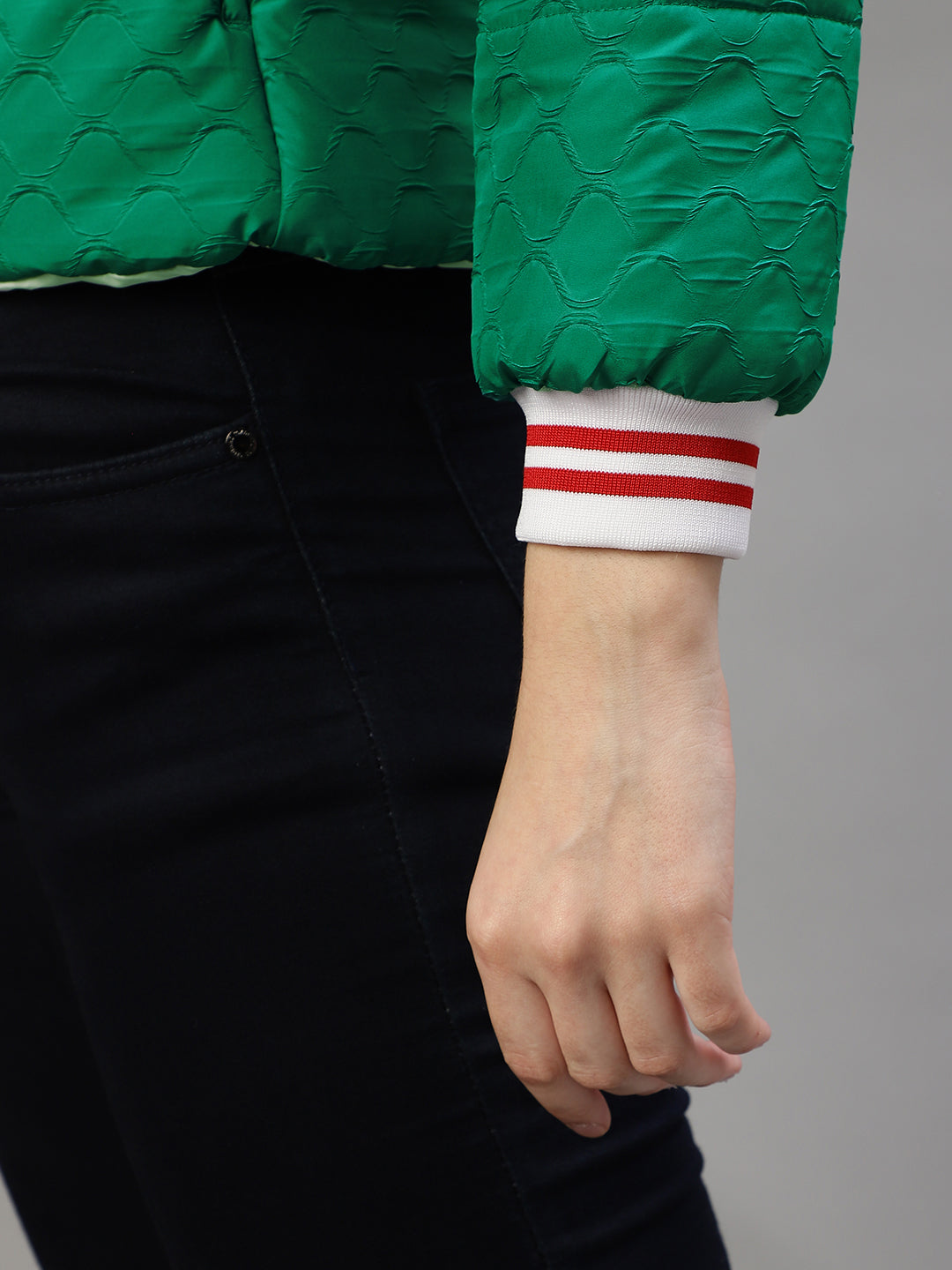 Elle Women Green Self-Design Stand Collar Full Sleeves Reversible Jacket