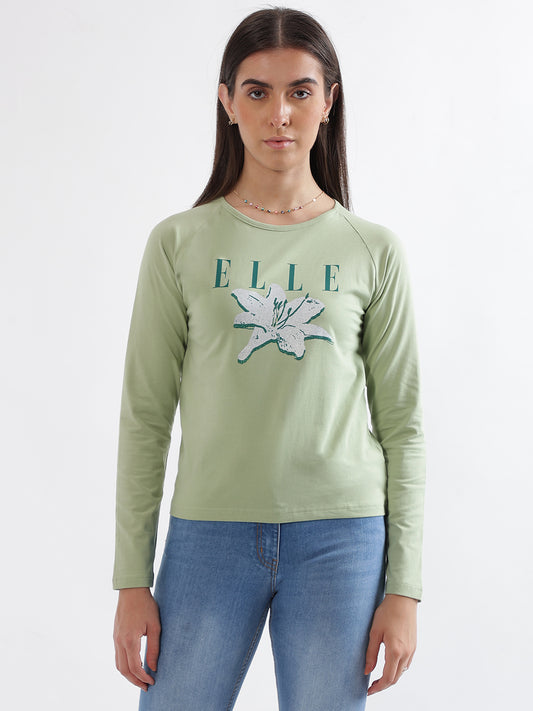 Elle Women Green Printed Round Neck Full Sleeves Tshirt