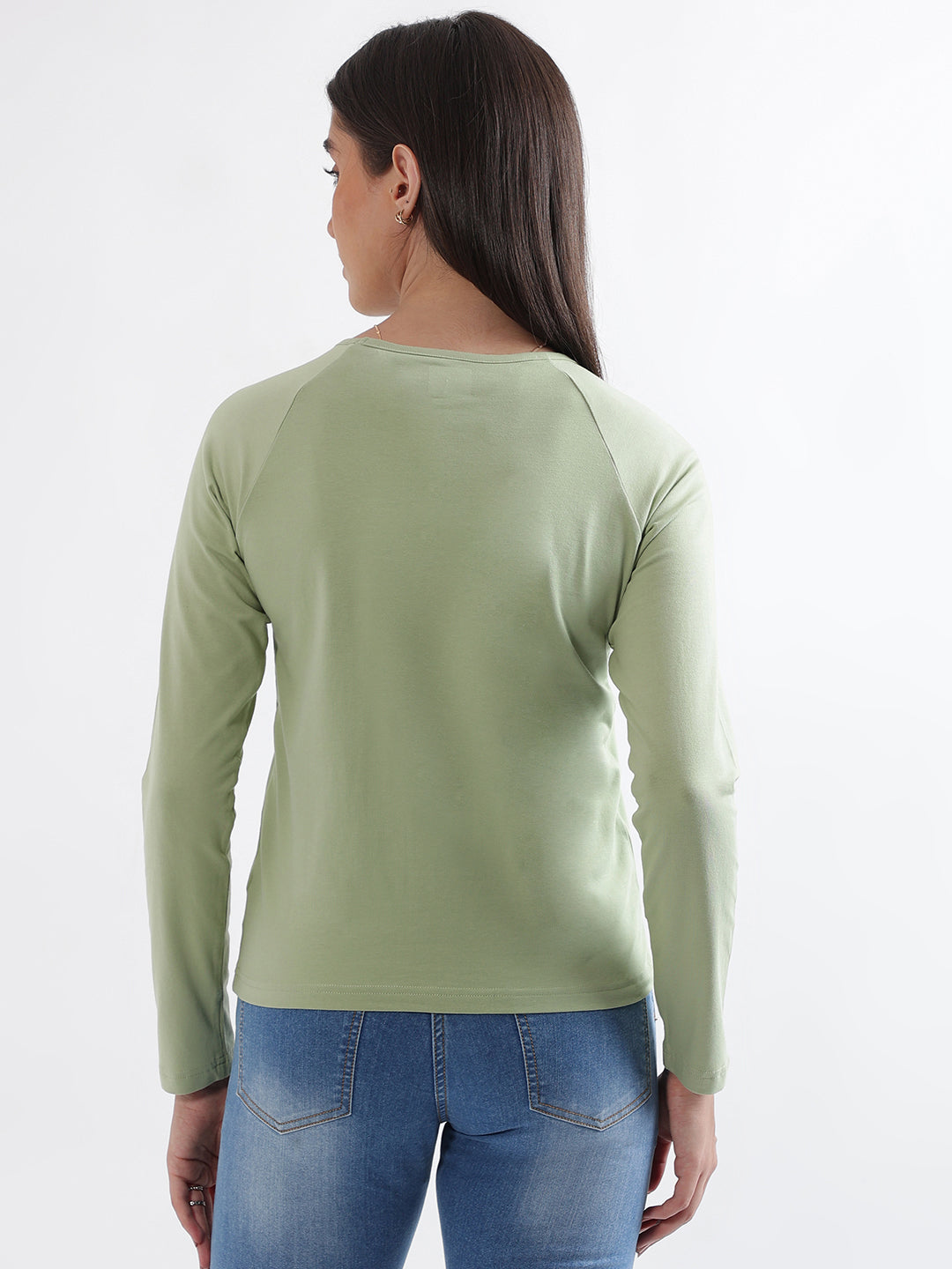 Elle Women Green Printed Round Neck Full Sleeves Tshirt