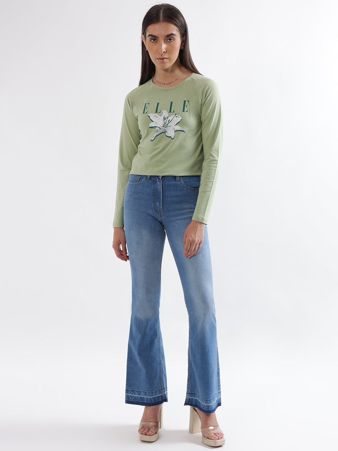 Elle Women Green Printed Round Neck Full Sleeves Tshirt