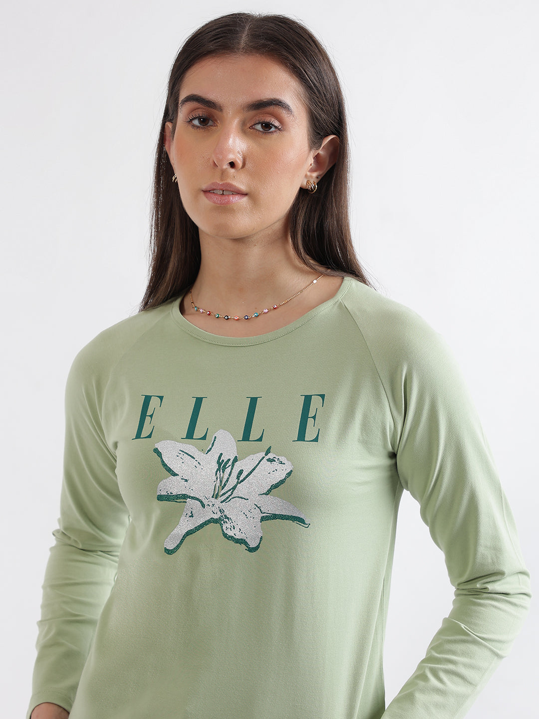 Elle Women Green Printed Round Neck Full Sleeves Tshirt