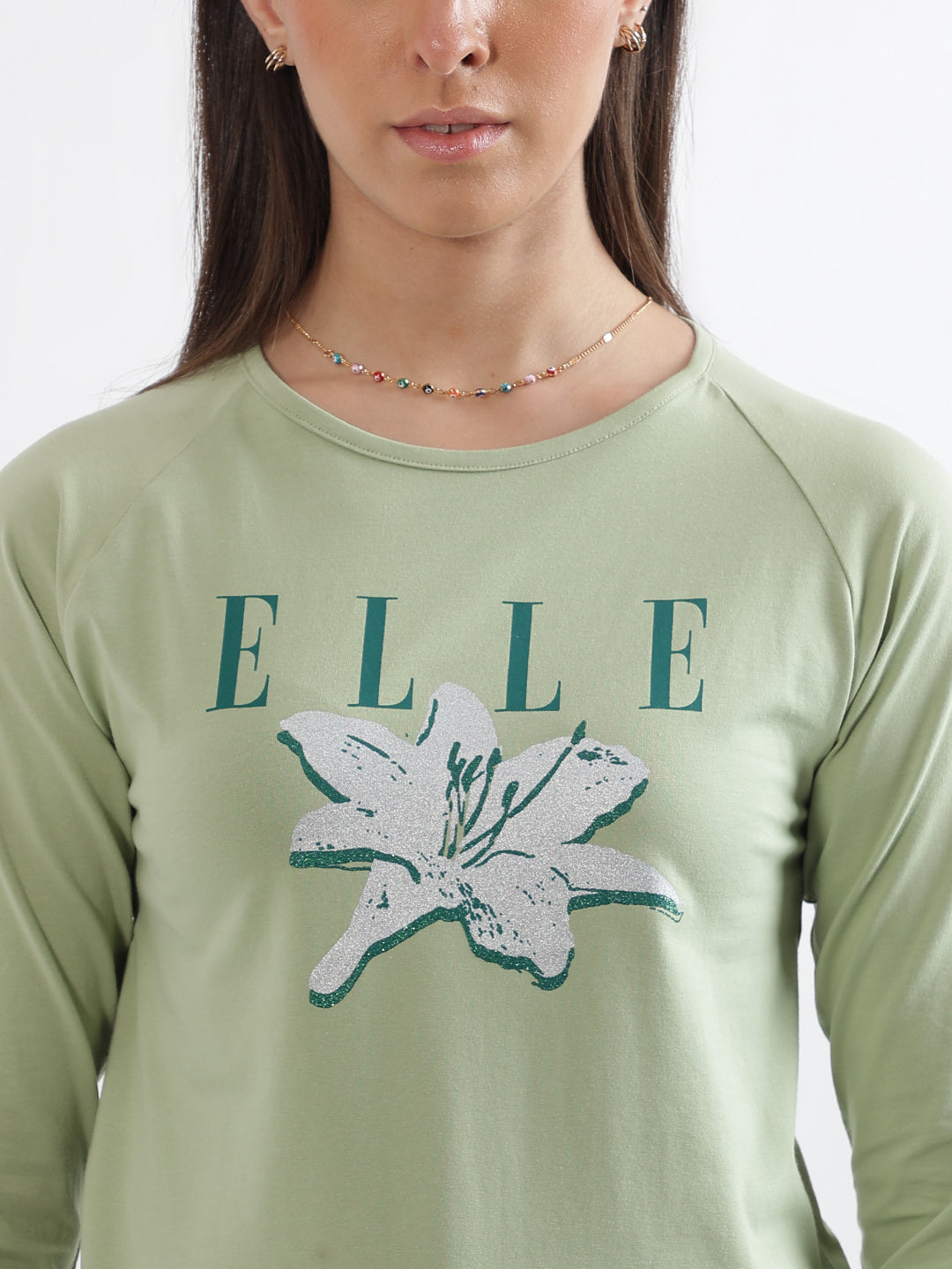 Elle Women Green Printed Round Neck Full Sleeves Tshirt