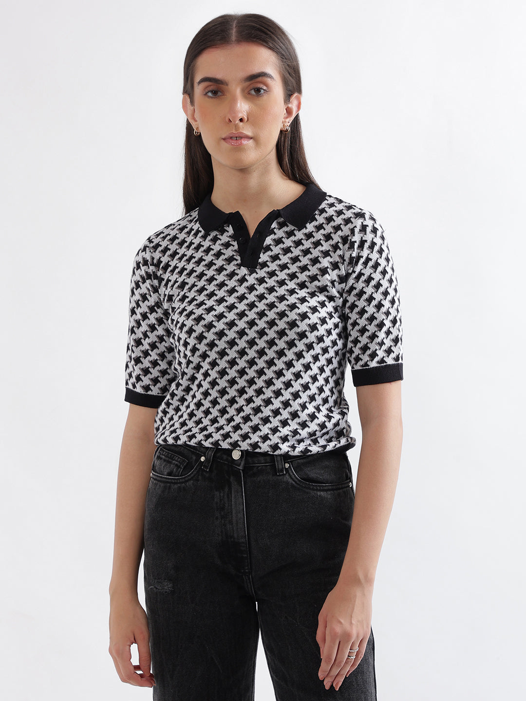 Elle Women Black Printed Polo Collar Short Sleeves Tshirt