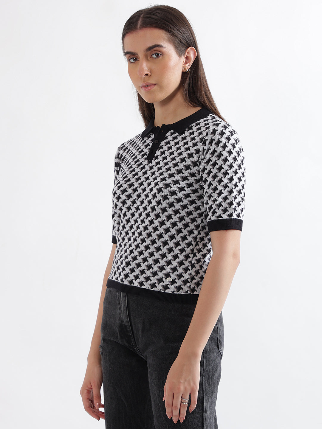 Elle Women Black Printed Polo Collar Short Sleeves Tshirt