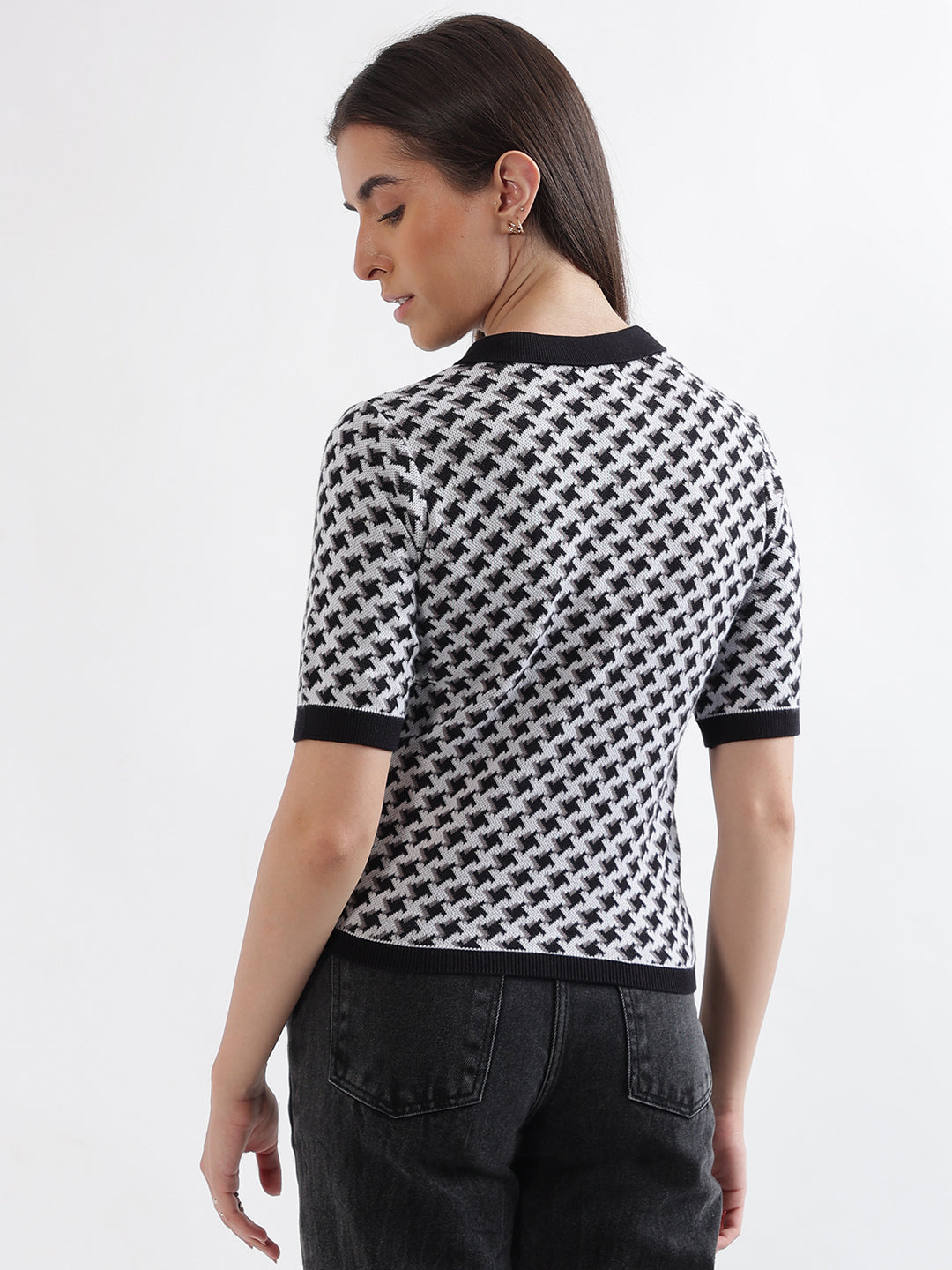 Elle Women Black Printed Polo Collar Short Sleeves Tshirt