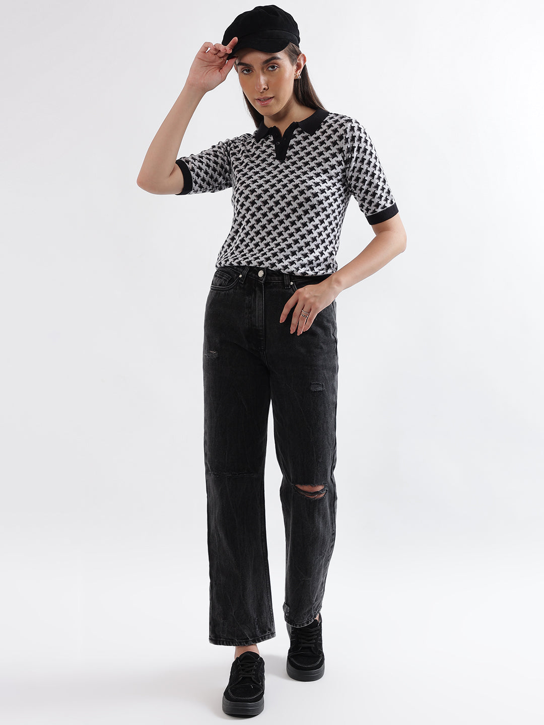 Elle Women Black Printed Polo Collar Short Sleeves Tshirt