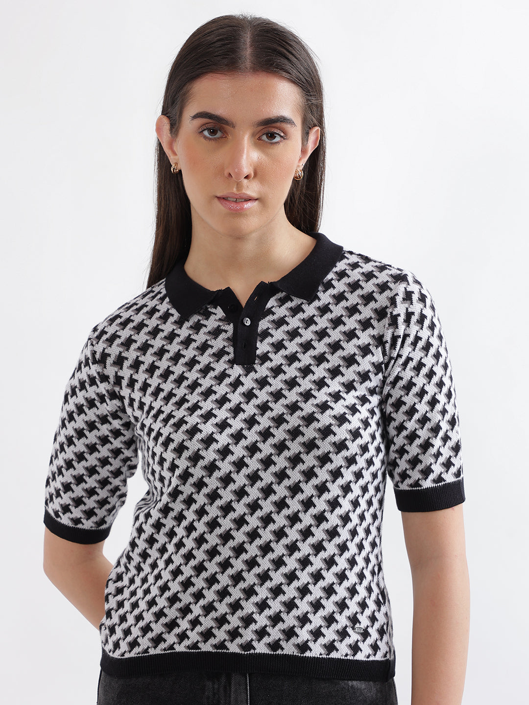 Elle Women Black Printed Polo Collar Short Sleeves Tshirt