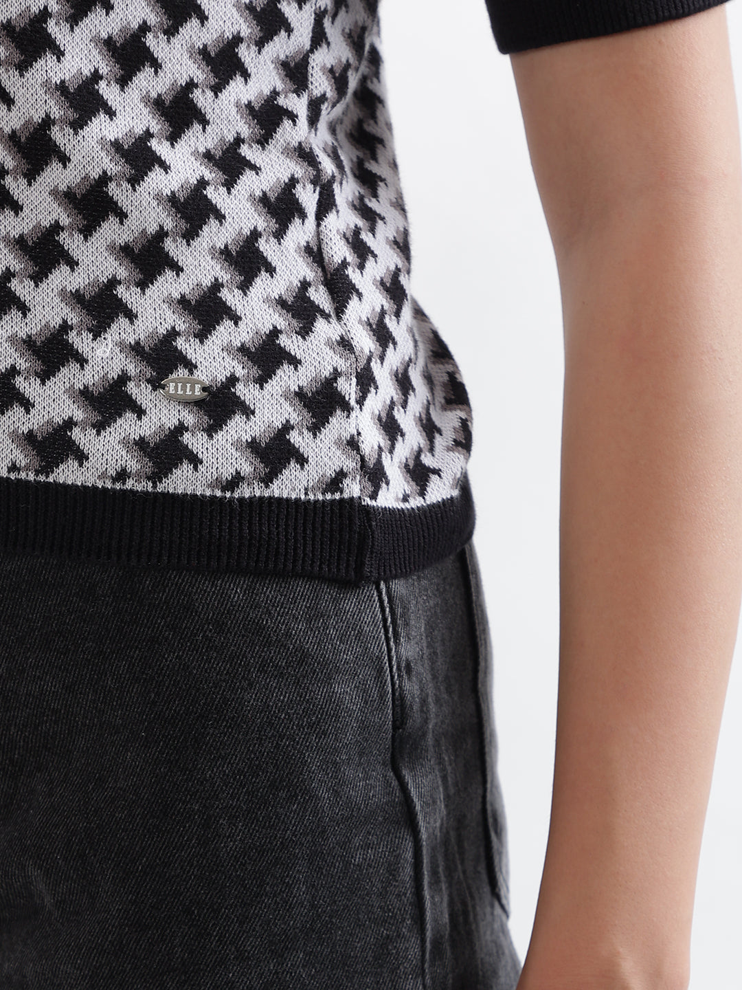 Elle Women Black Printed Polo Collar Short Sleeves Tshirt