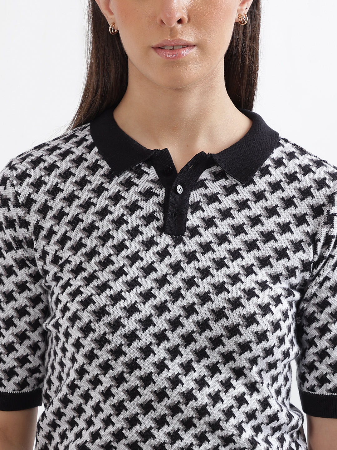 Elle Women Black Printed Polo Collar Short Sleeves Tshirt