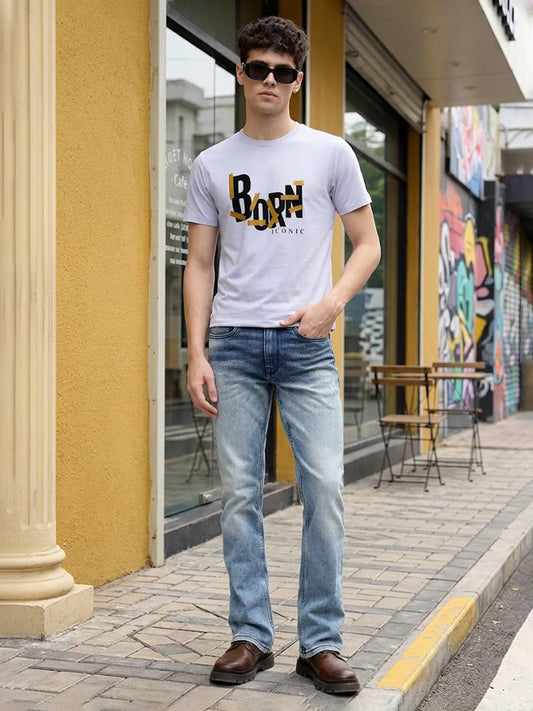 Iconic Men Blue Washed Mid-Rise Bootcut Jeans
