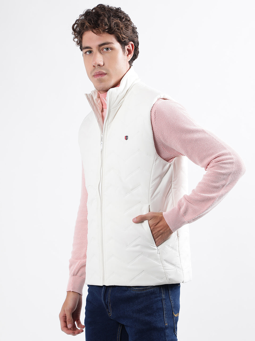 Iconic Men White Solid Stand Collar Sleeveless Puffer Jacket