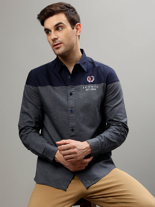 Iconic Men Blue Colorblocked Spread Collar Full Sleeves Shirt