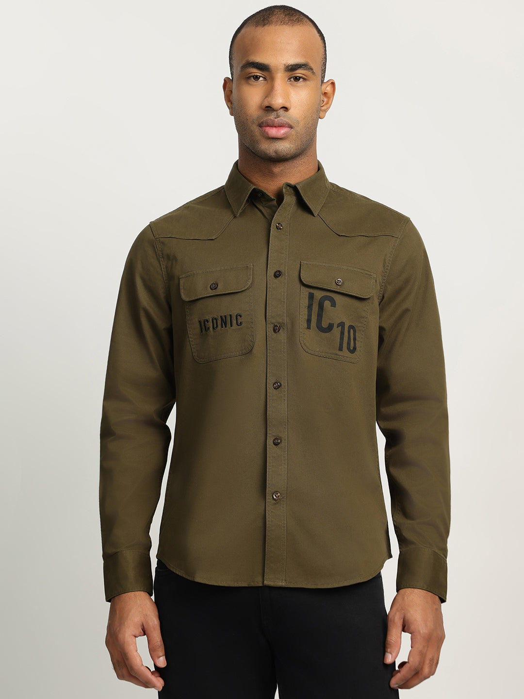 Iconic Men Olive Solid Spread Collar Full Sleeves Shirt