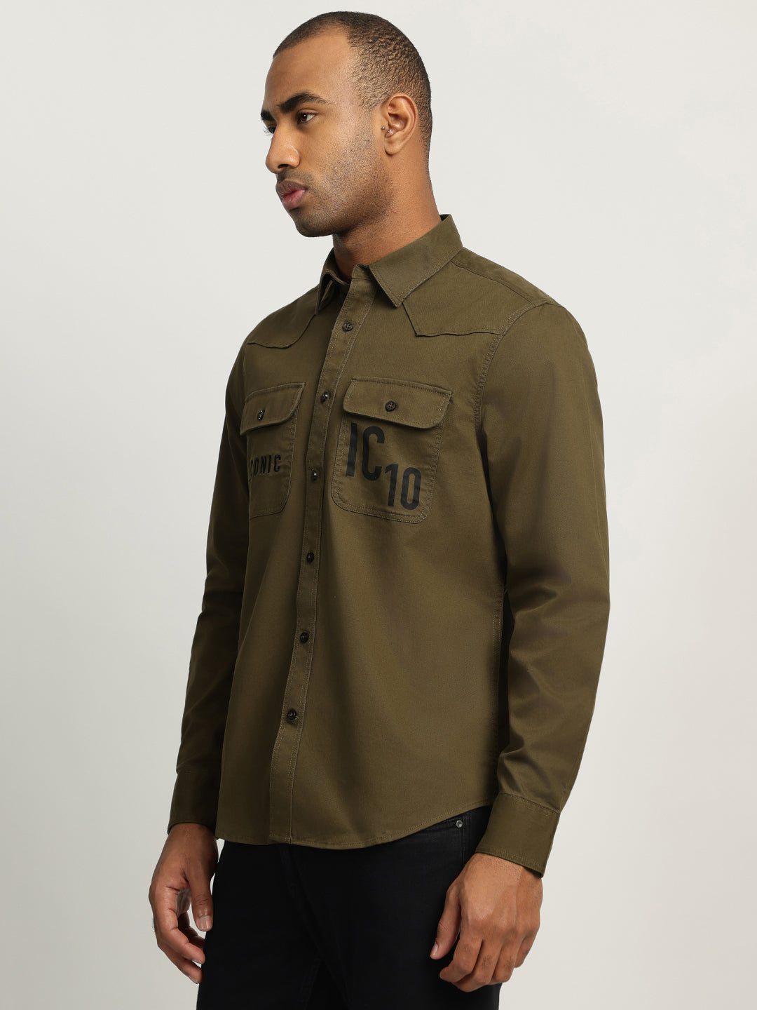 Iconic Men Olive Solid Spread Collar Full Sleeves Shirt
