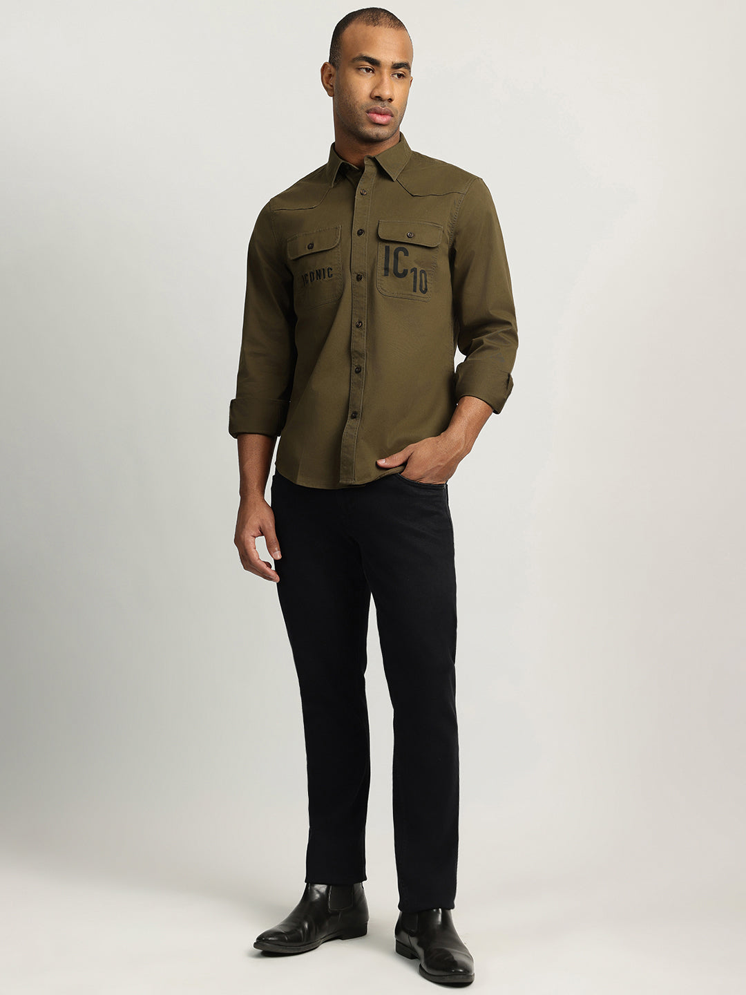 Iconic Men Olive Solid Spread Collar Full Sleeves Shirt