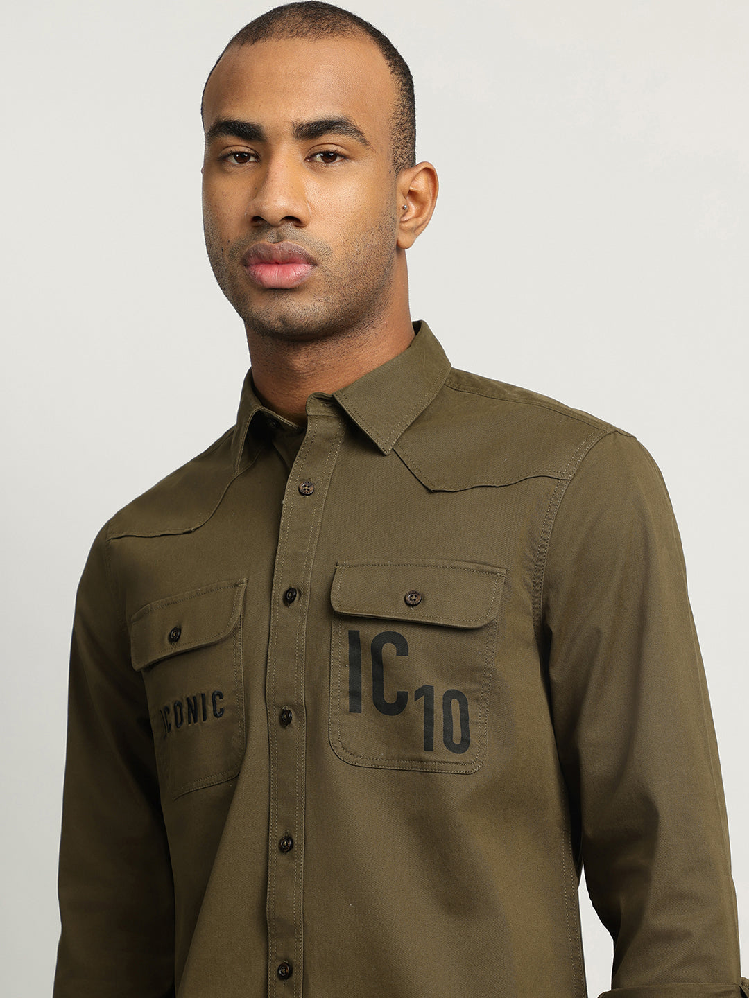 Iconic Men Olive Solid Spread Collar Full Sleeves Shirt