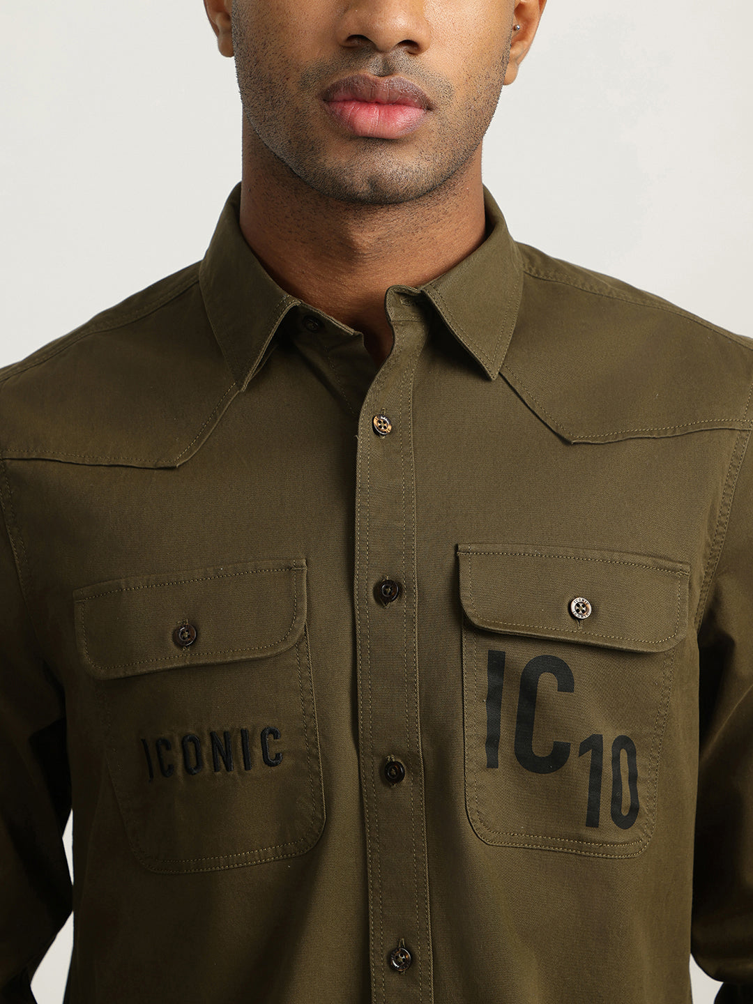 Iconic Men Olive Solid Spread Collar Full Sleeves Shirt