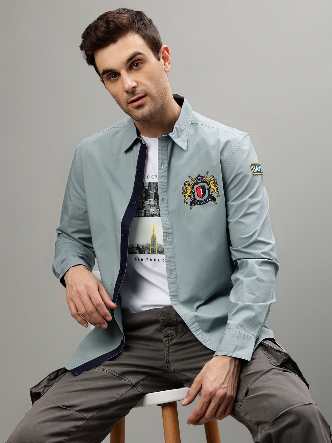 Iconic Men Green Solid Spread Collar Full Sleeves Shirt