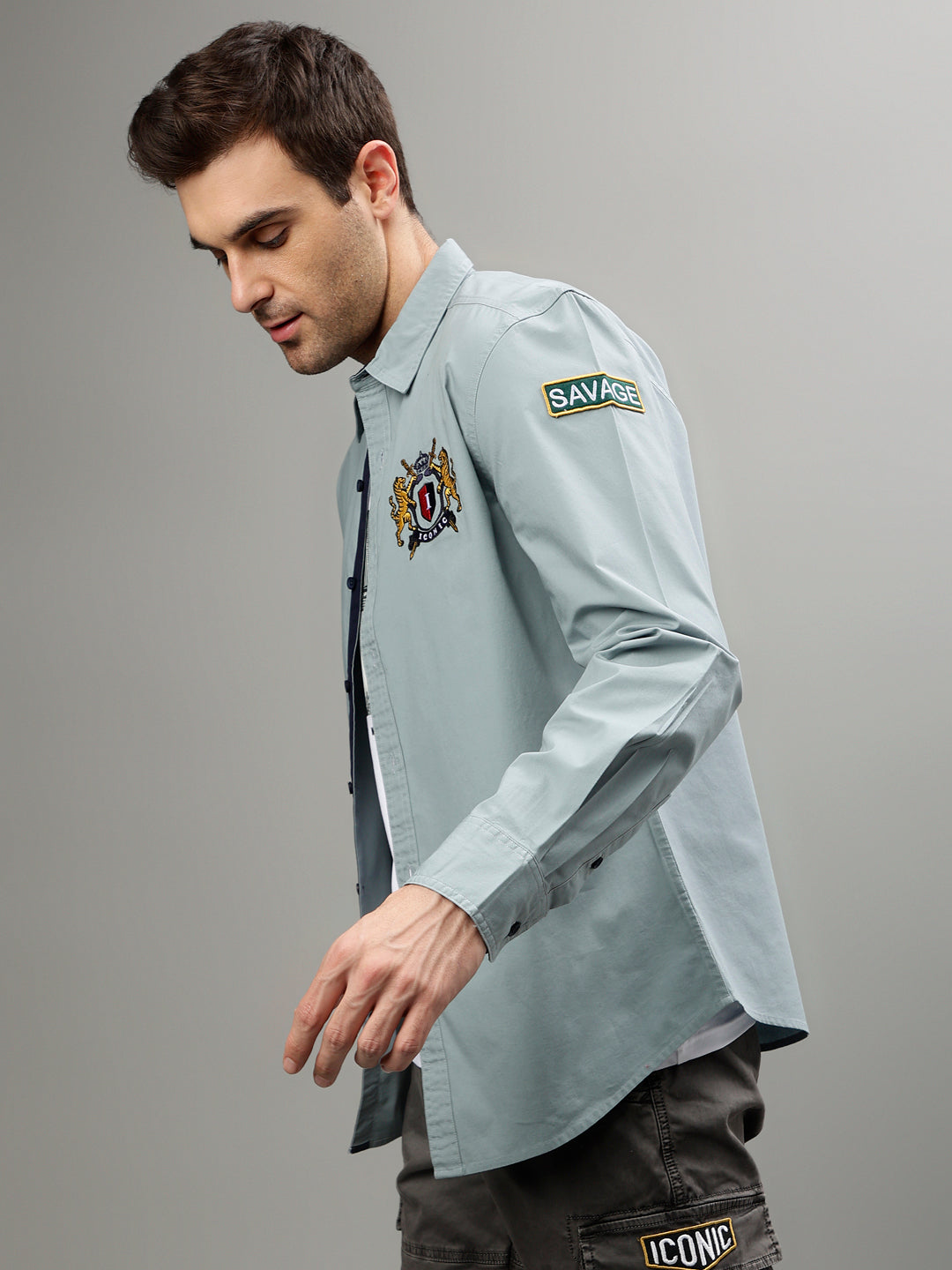 Iconic Men Green Solid Spread Collar Full Sleeves Shirt