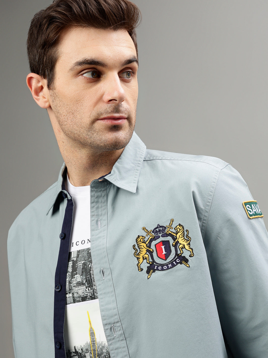 Iconic Men Green Solid Spread Collar Full Sleeves Shirt