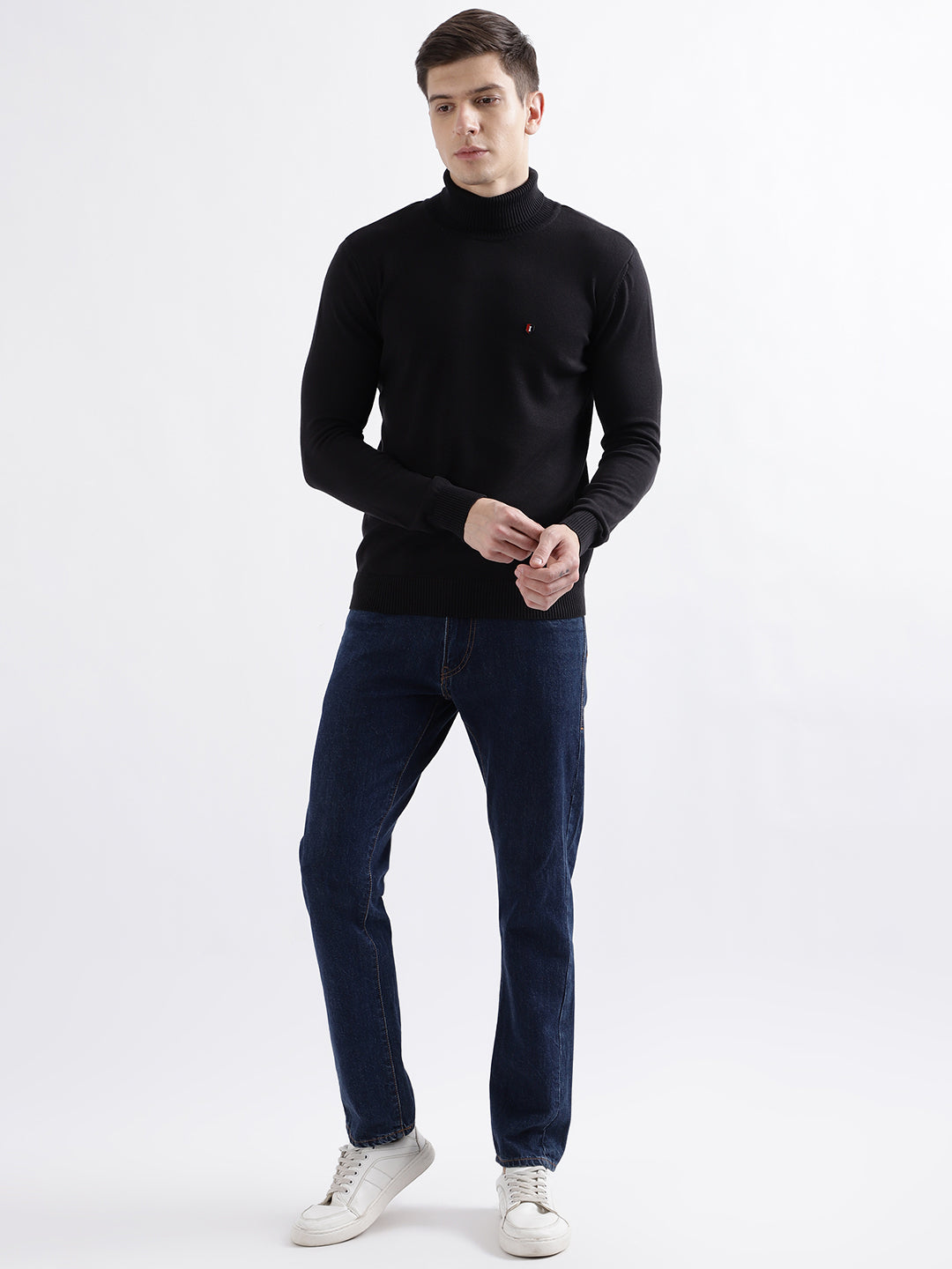 Shop Iconic Men Black Solid Turtle Neck Full Sleeves Sweater