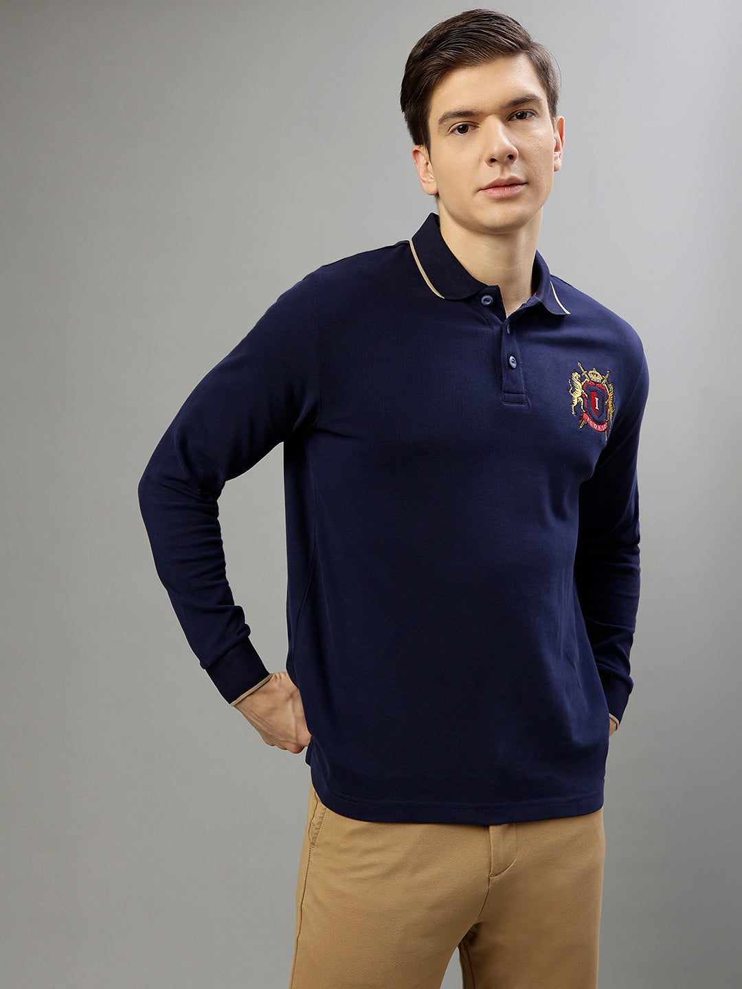 Shop Iconic Men Navy Blue Solid Polo Collar Full Sleeves T-Shirt